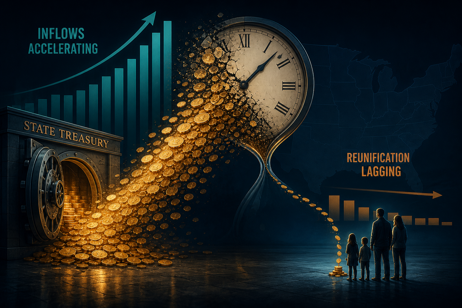Dark navy cinematic hourglass dissolving into gold coin streams into a treasury vault, with a thin amber trickle returning to households, Visual Capitalist-style finance editorial