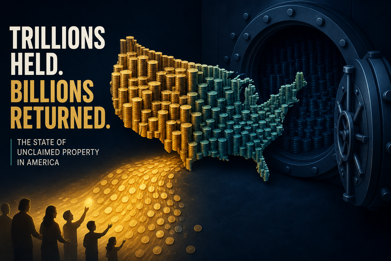 Dark navy cinematic vault of stacked coins beside a U.S. silhouette with an amber stream of returned funds, Visual Capitalist-style finance editorial