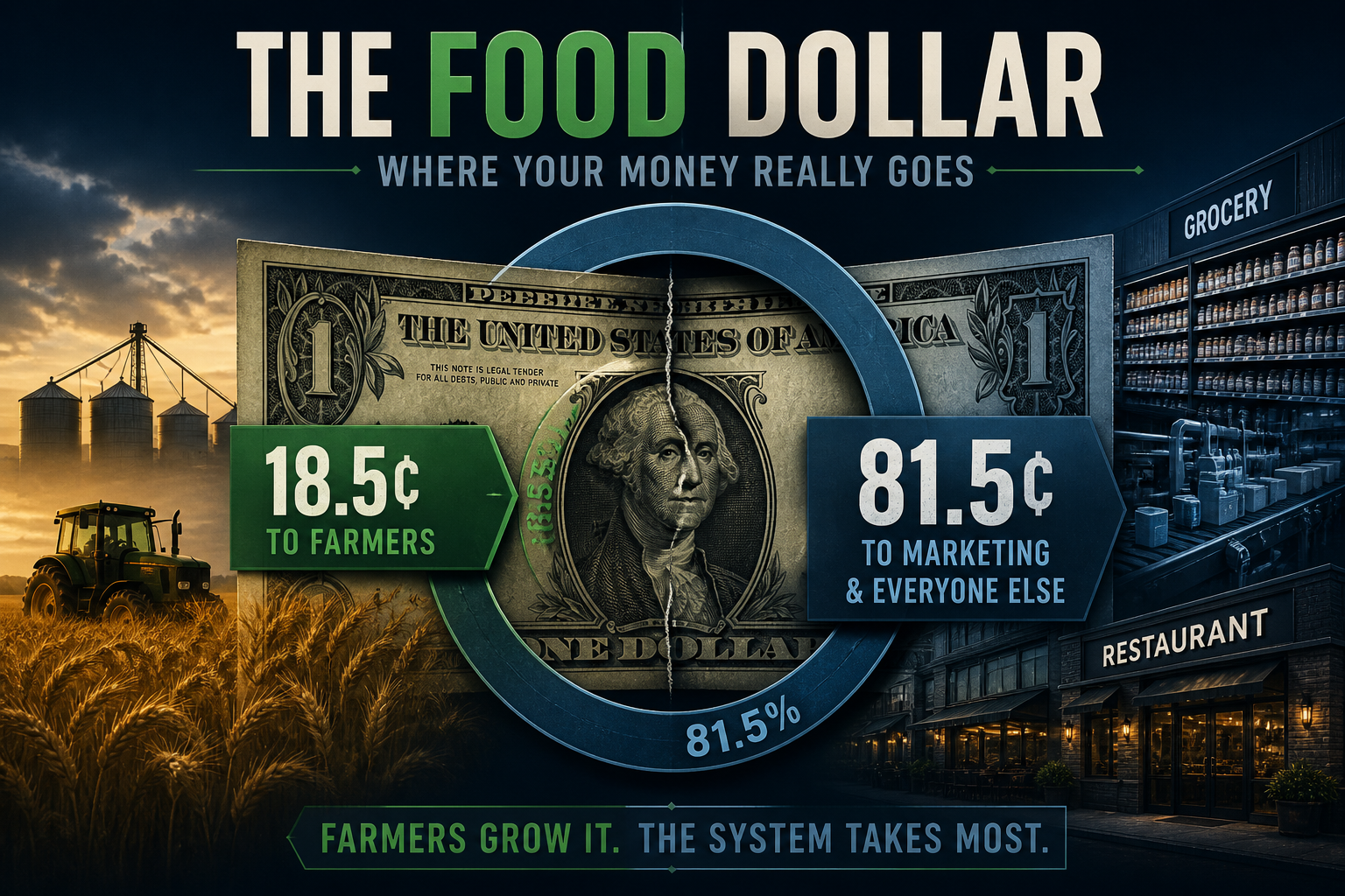 Dark navy cinematic dollar bill splitting farm wheat fields labeled 18.5 cents from grocery and restaurant marketing margins labeled 81.5 cents