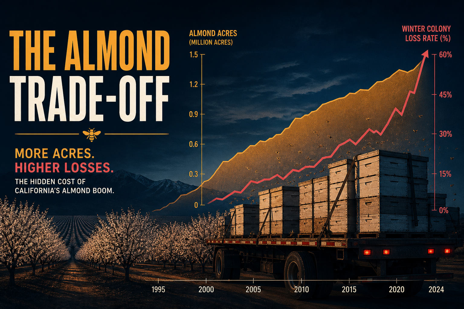 Dark navy cinematic almond orchard rows meeting migratory hive stacks, amber acreage area and rose winter-loss line overlay, Visual Capitalist-style editorial thumbnail