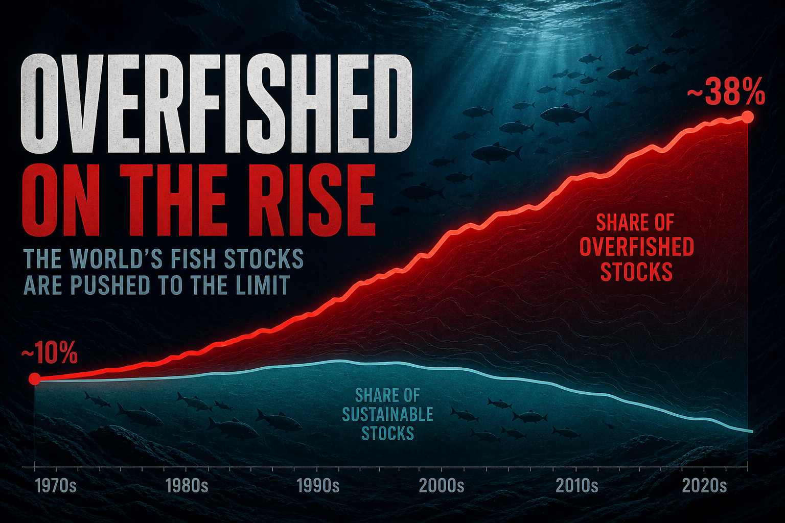 Dark navy cinematic chart of rising red overfished stock share against a shrinking teal sustainable band over deep-ocean contours