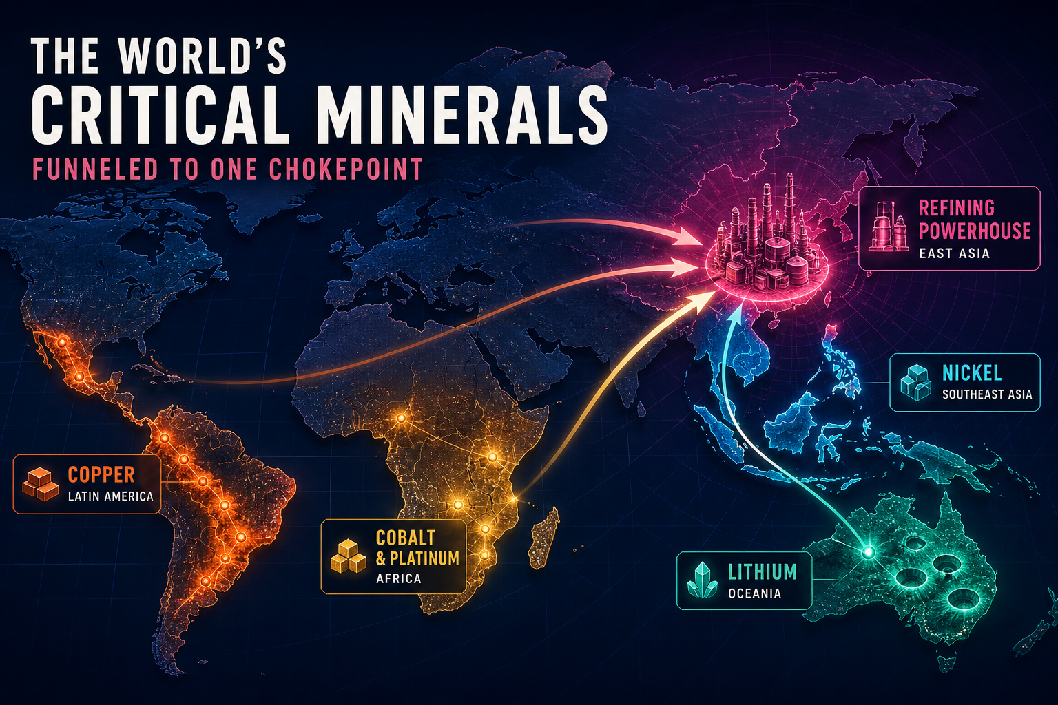 Dark navy cinematic world map with rose East Asia refining hubs, amber Africa mining nodes, teal Oceania lithium pits, orange Latin America copper belts, and cyan Southeast Asia nickel arcs feeding concentrated plant flows