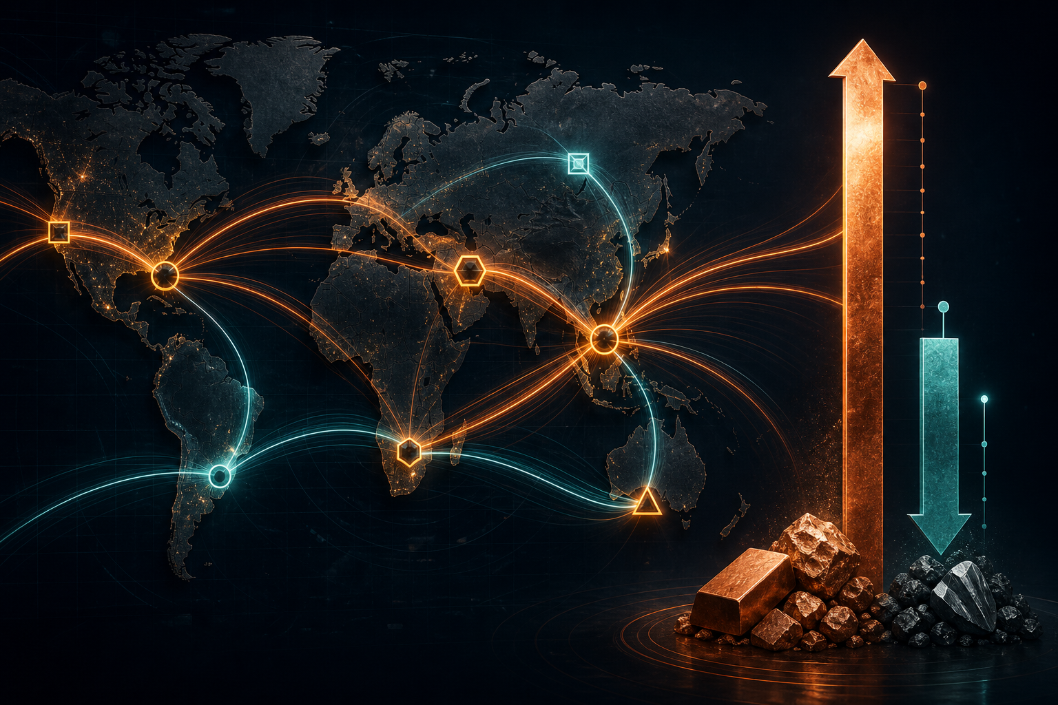 Dark navy cinematic data-viz hero with glowing commodity trade arcs bottlenecking into concentrated nodes and rising copper-refine delta bars
