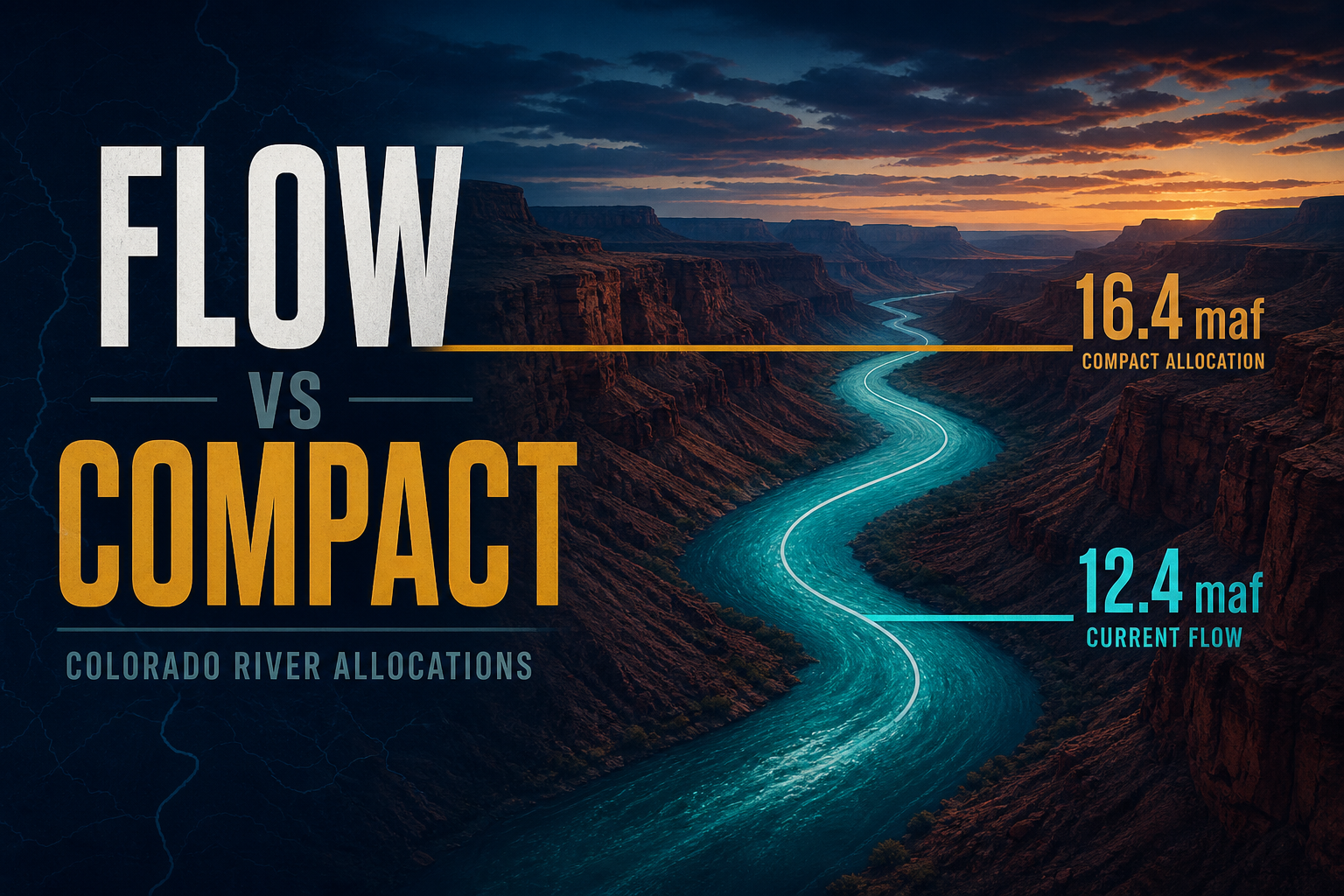 Dark navy Colorado River canyon with turquoise flow line below an amber compact-allocation reference at 16.4 maf
