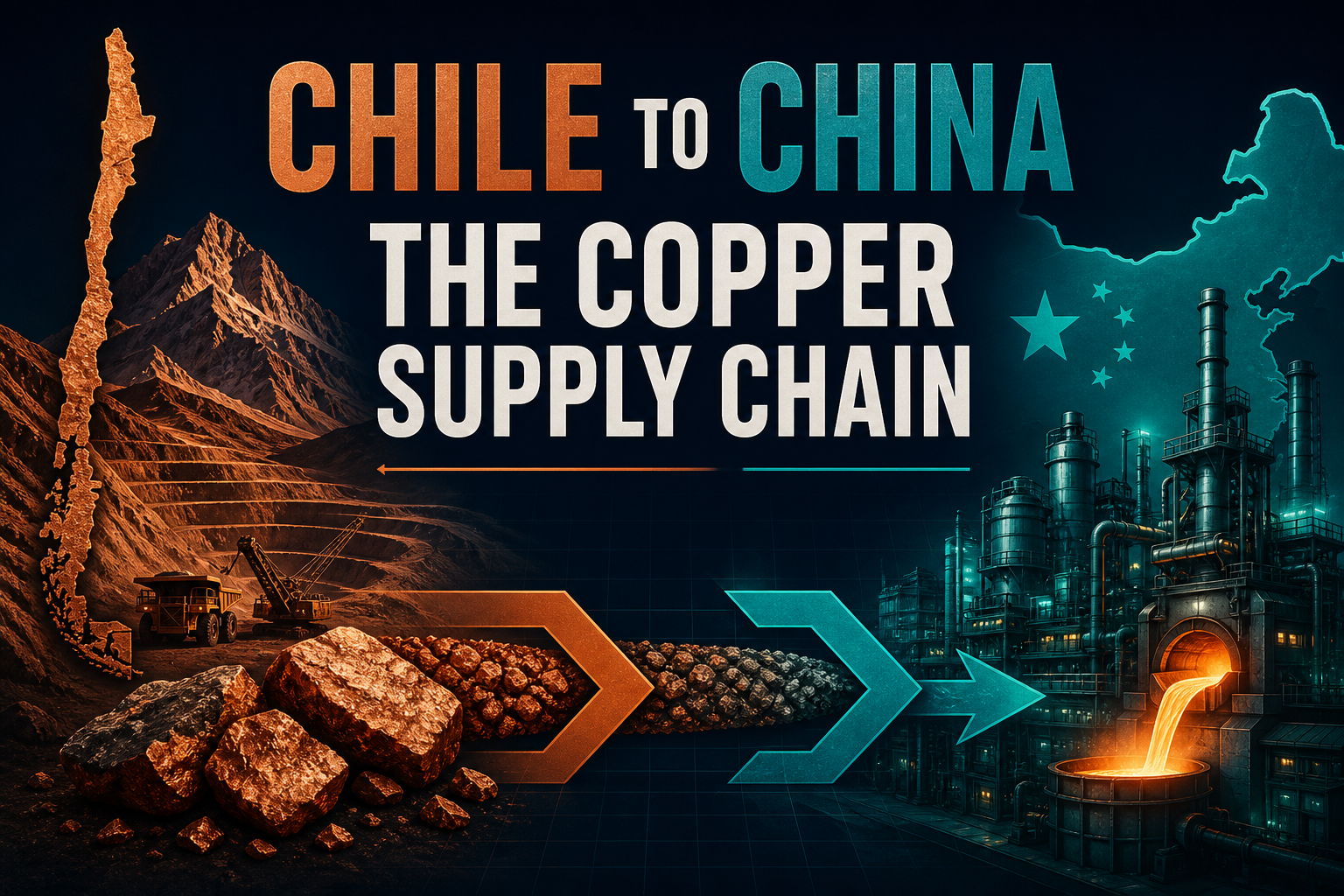 Dark navy data-viz of copper flowing from orange mine geography to teal refining hubs