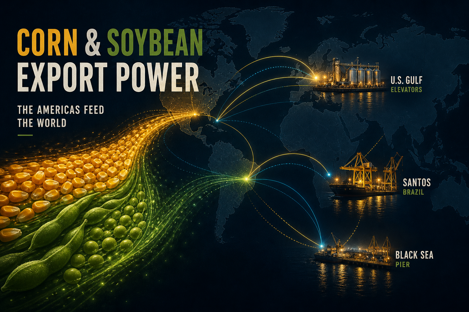 Dark navy cinematic data-viz of amber corn and green soybean export streams flowing into glowing Gulf, Santos, and Black Sea port silhouettes