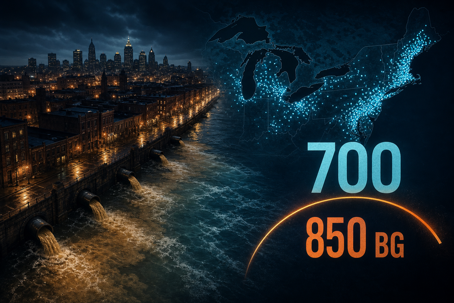 Dark navy cinematic riverside city at night with amber combined-sewer overflow plumes entering a river, cyan community dots clustered northeast and Great Lakes, bold 700 and 850 BG callouts, Visual Capitalist-style editorial