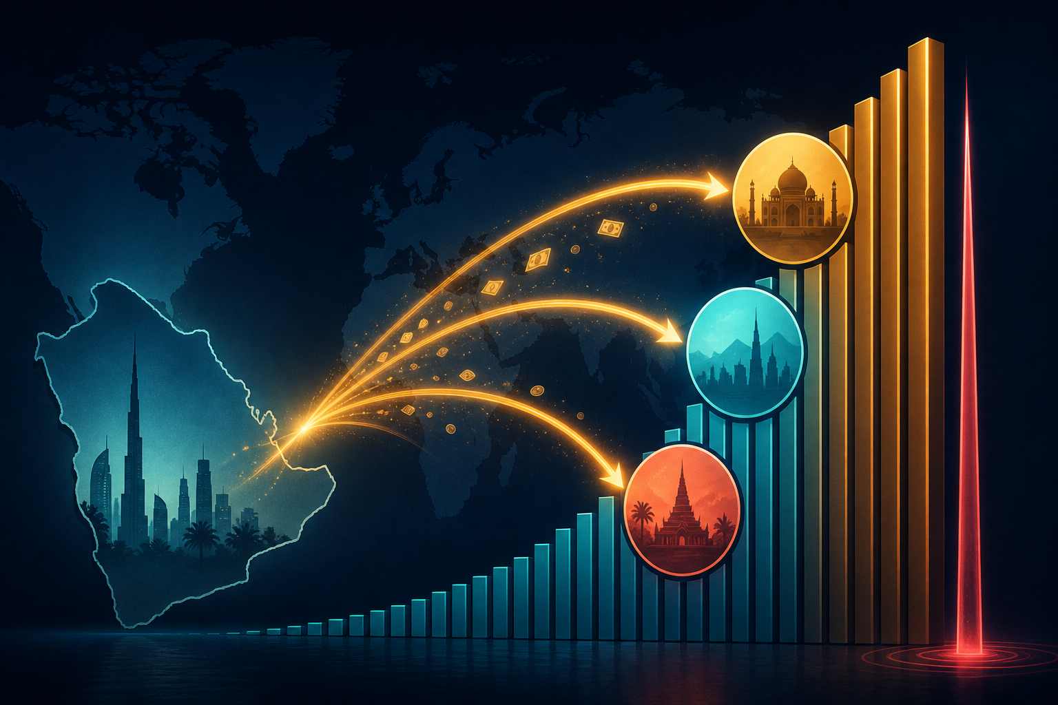 Dark navy cinematic data-viz of amber remittance concentration bars, teal corridor arcs, and a rose GDP-dependence spike across a subtle world map