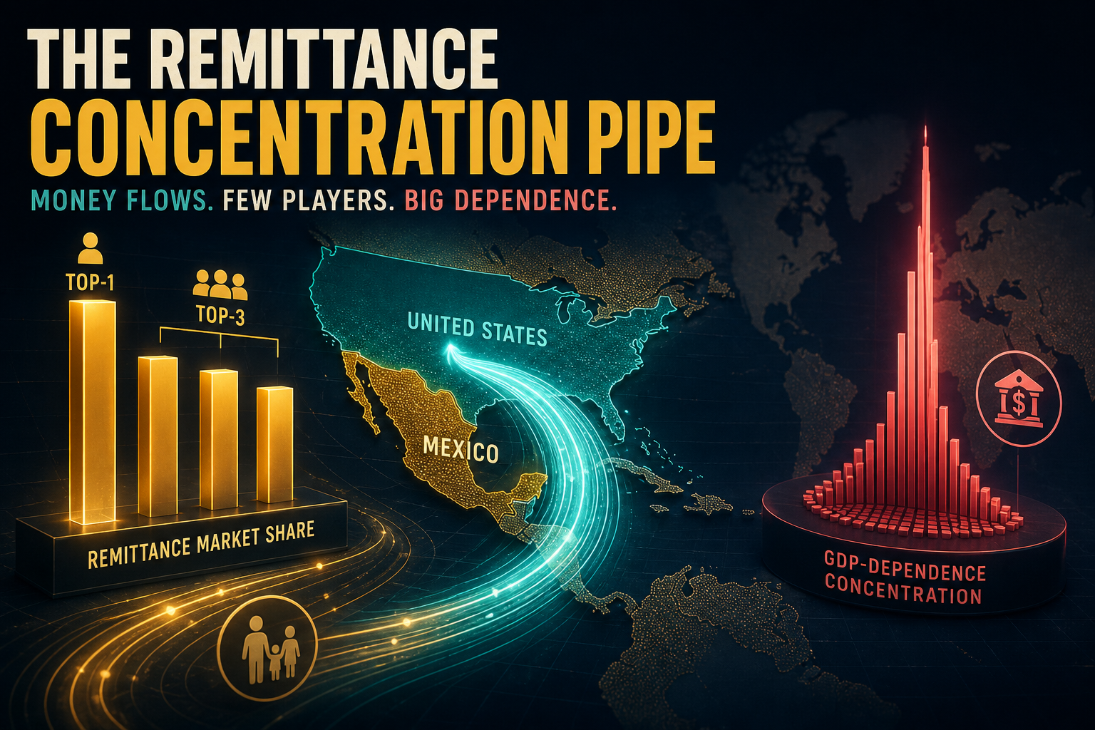 Dark navy cinematic data-viz of amber remittance concentration bars, teal US–Mexico corridor arcs, and a rose purchasing-power spike across a subtle world map