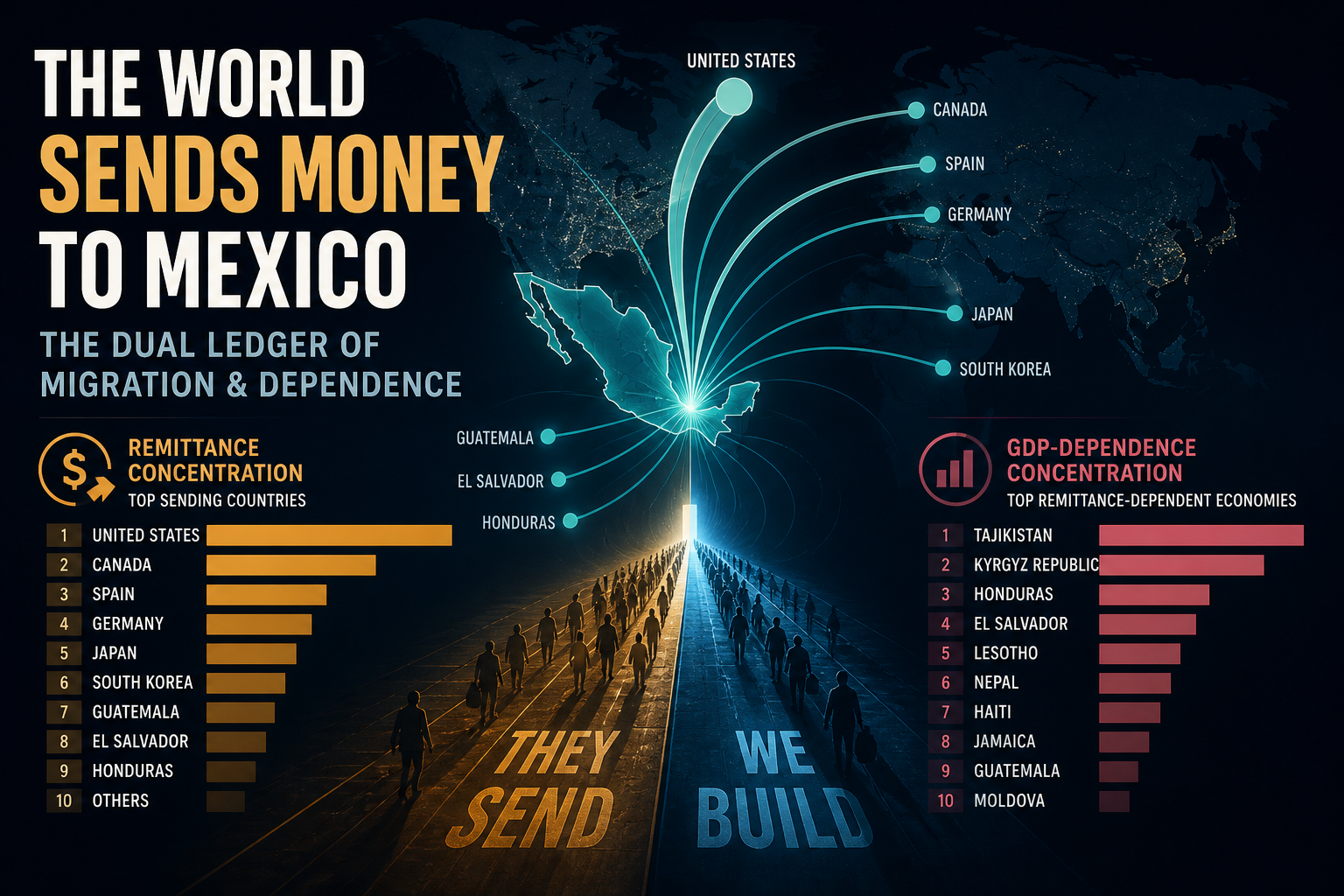 Dark navy cinematic data-viz of amber remittance concentration bars, teal US–Mexico corridor arcs, and a rose GDP-dependence spike across a subtle world map