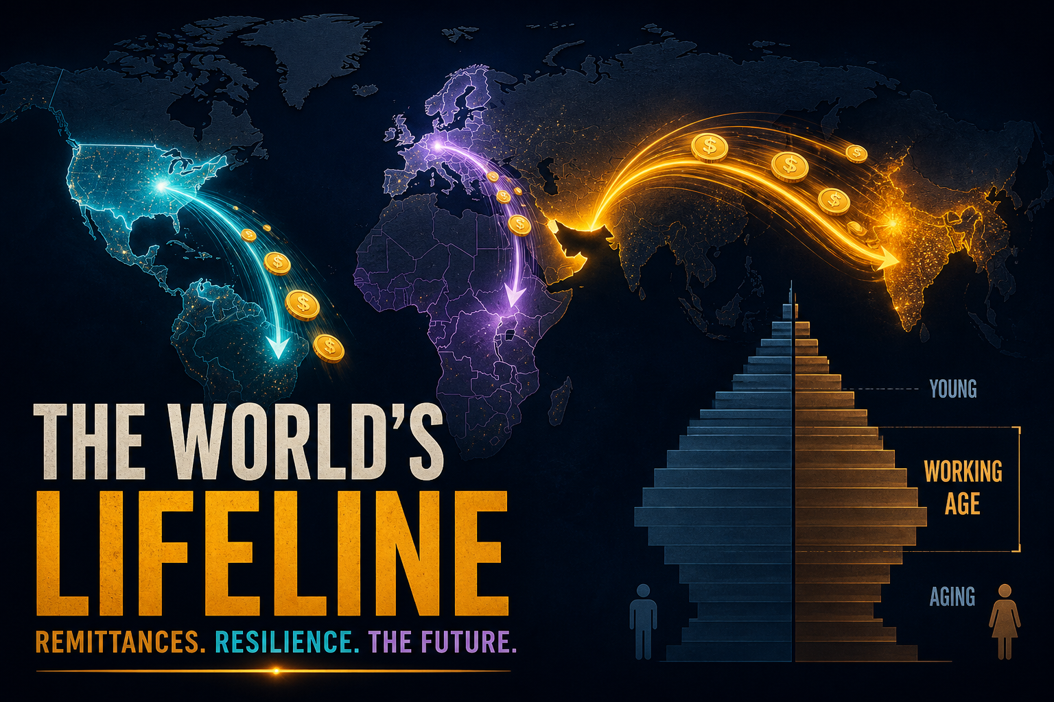 Dark navy cinematic world map with glowing amber Gulf–South Asia and cyan US–Latin America remittance corridor arcs and subtle age-pyramid silhouette