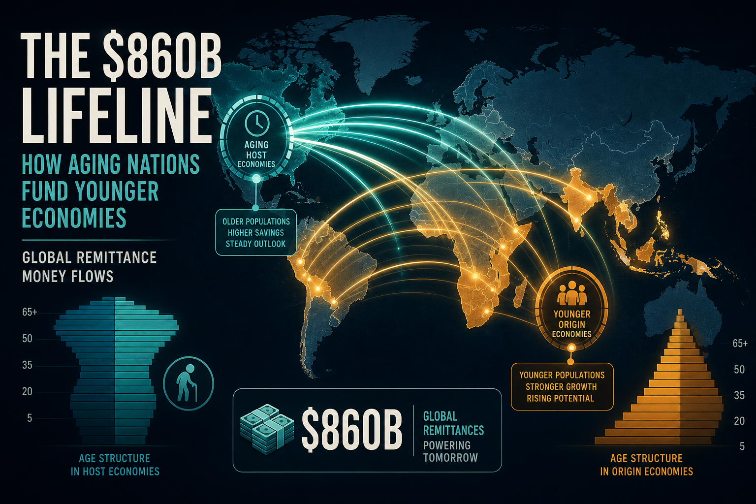 Dark navy data visualization of remittance arcs from aging host economies to younger origin countries with age-structure motifs