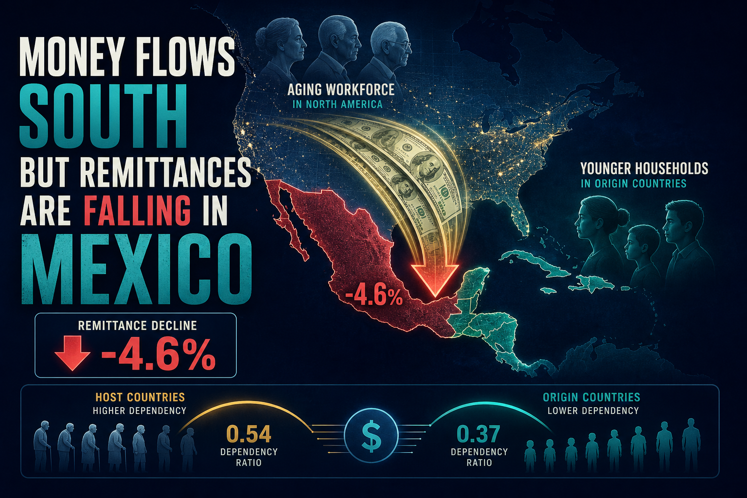 Dark navy cinematic map of remittance arcs from aging host labor markets into Mexico with a downward vintage-delta marker