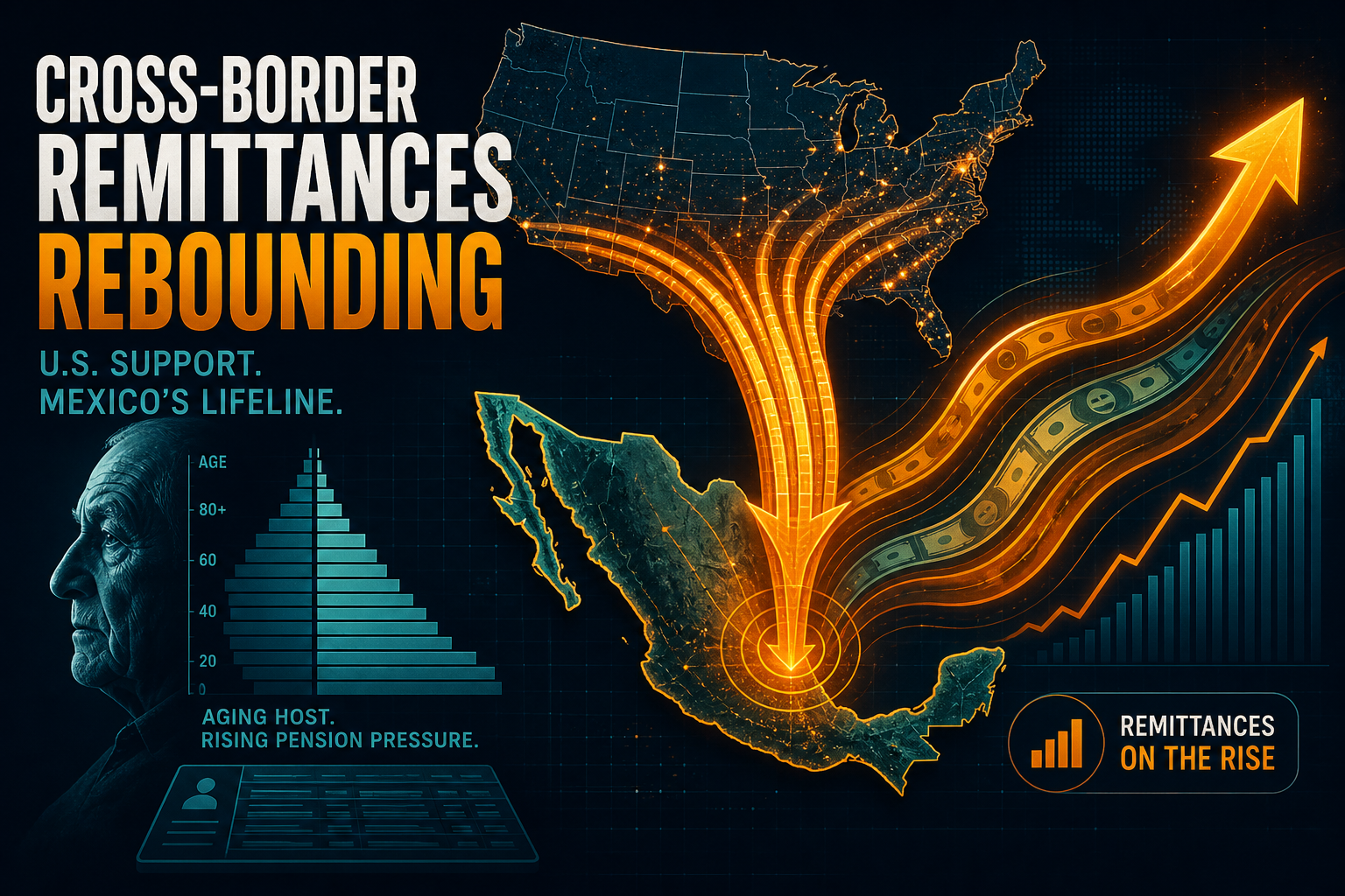 Dark navy cinematic data-viz of remittance pipes rebounding from the US toward Mexico beside a cool teal aging-host pension ledger