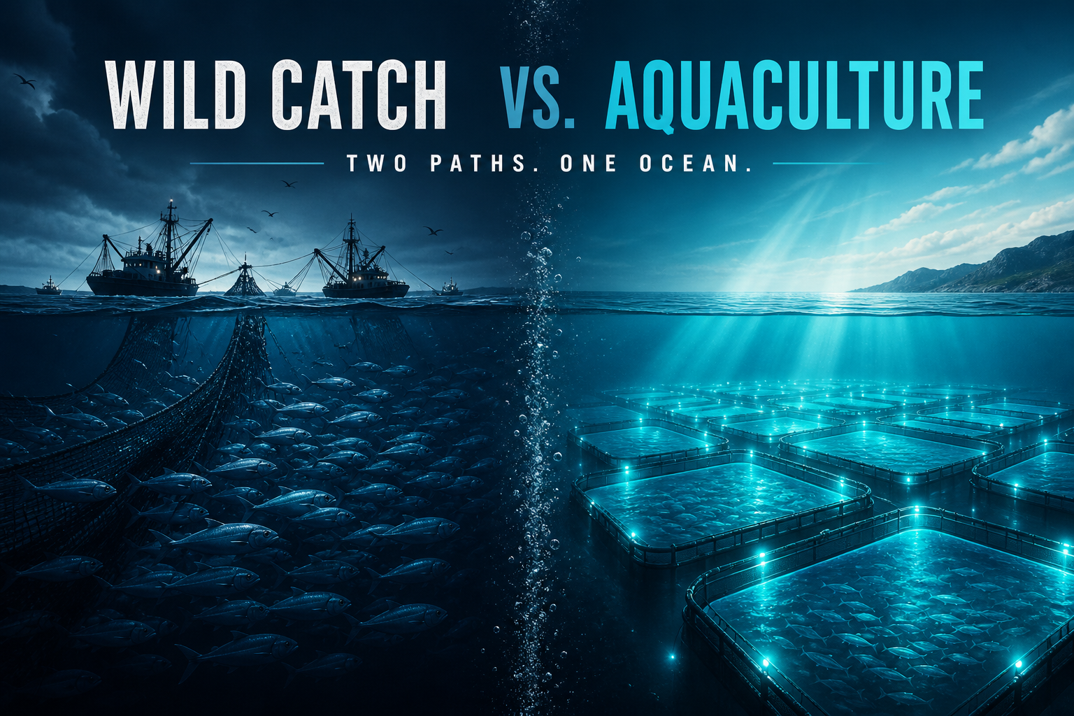 Dark navy cinematic split scene: wild capture trawlers and fish schools on the left, glowing cyan aquaculture pens on the right