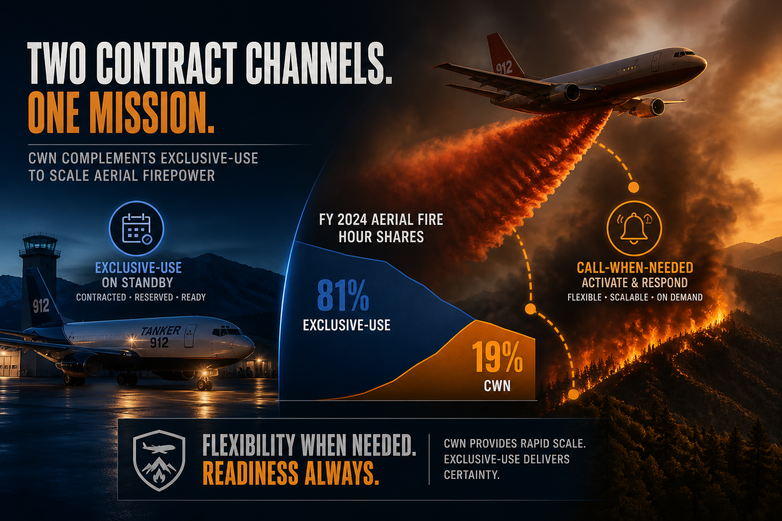 Dark navy cinematic split between exclusive-use and call-when-needed airtanker contract channels over a wildfire ridgeline, indigo and amber hour-share overlay, Visual Capitalist editorial style
