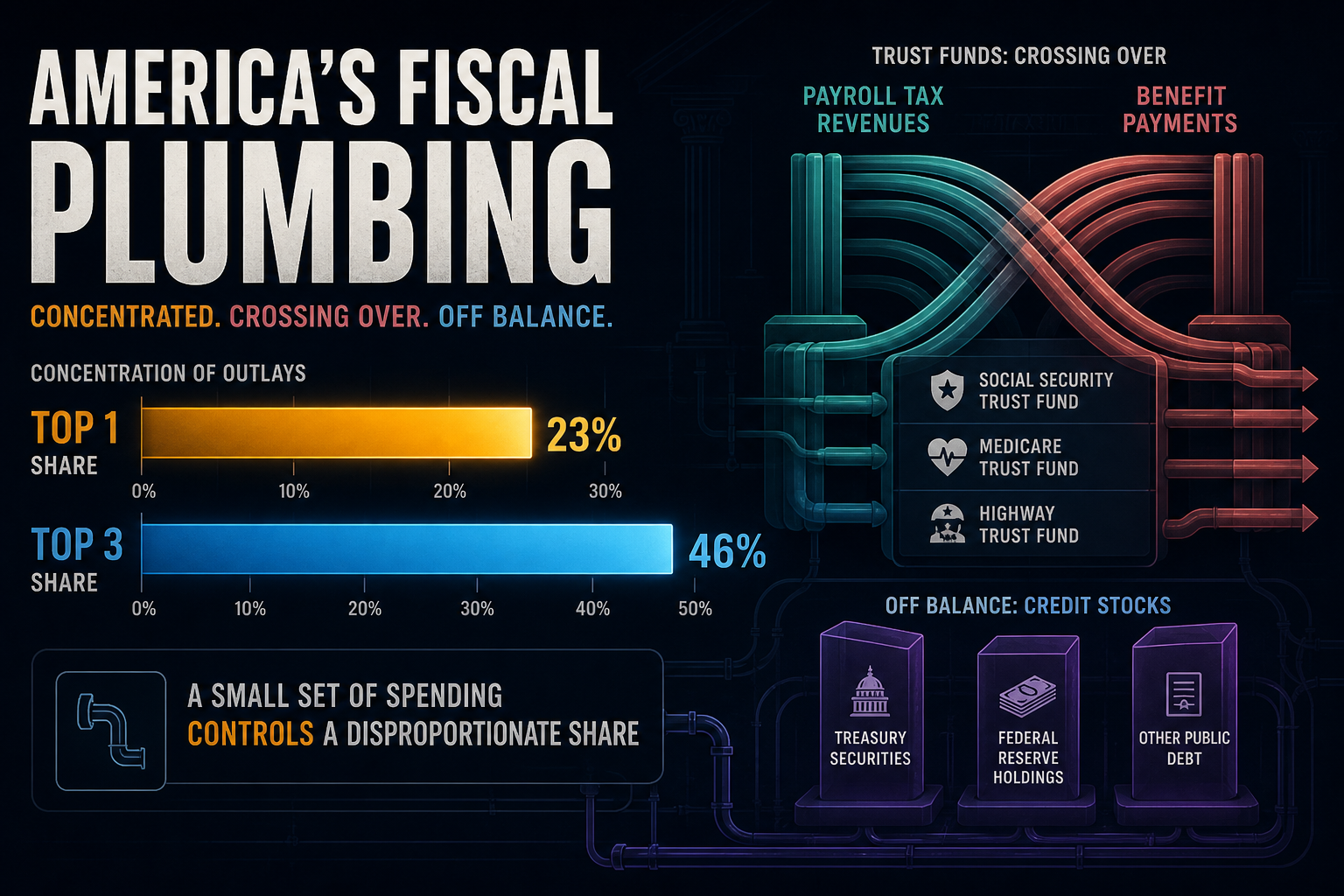 Dark navy cinematic fiscal-plumbing data viz with amber Top-1/Top-3 concentration bars, teal trust-fund crossover arcs, and violet off-balance credit pillars