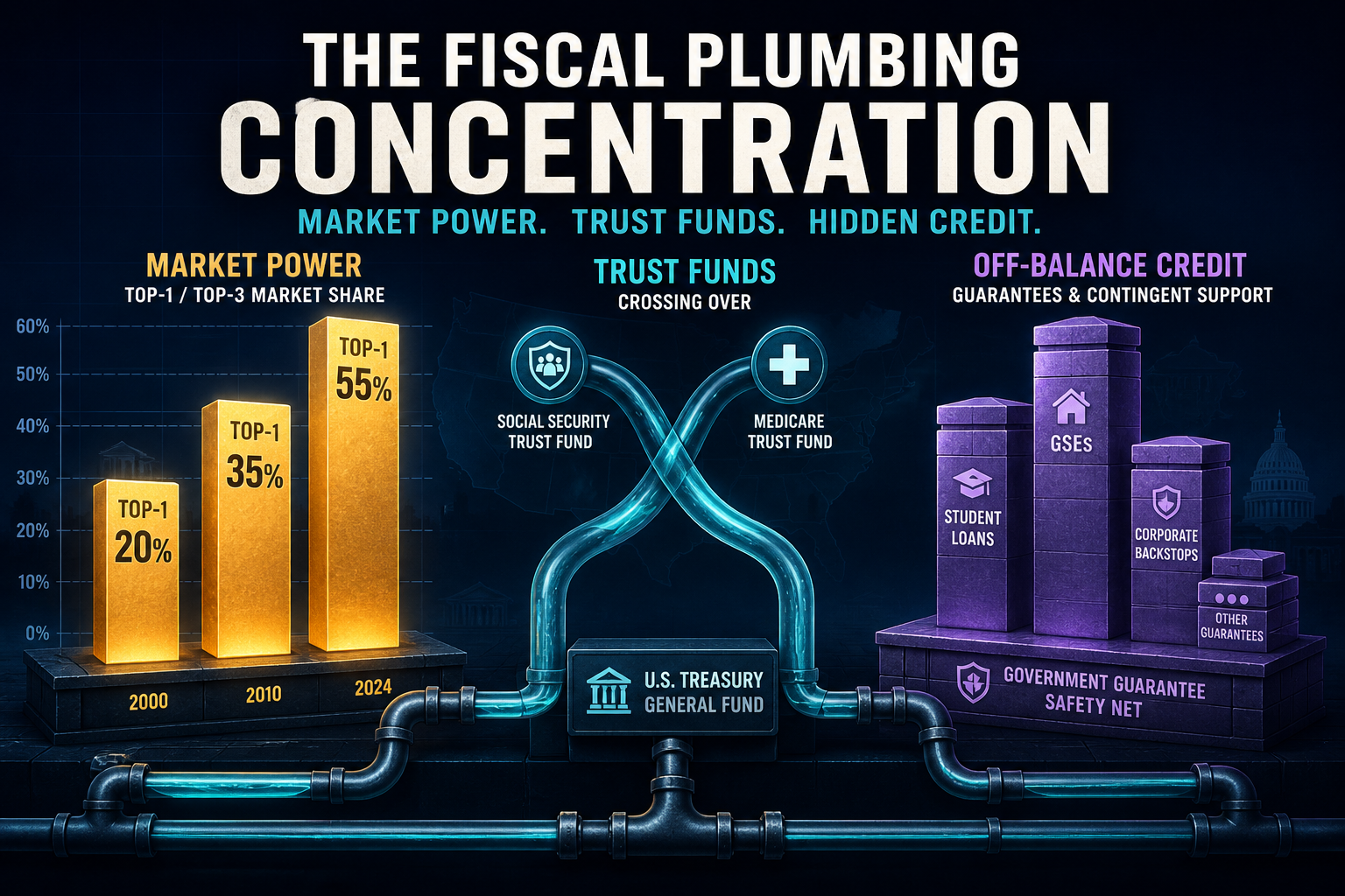 Dark navy cinematic fiscal-plumbing data viz with amber Top-1/Top-3 concentration bars, teal trust-fund crossover arcs, and violet off-balance credit pillars