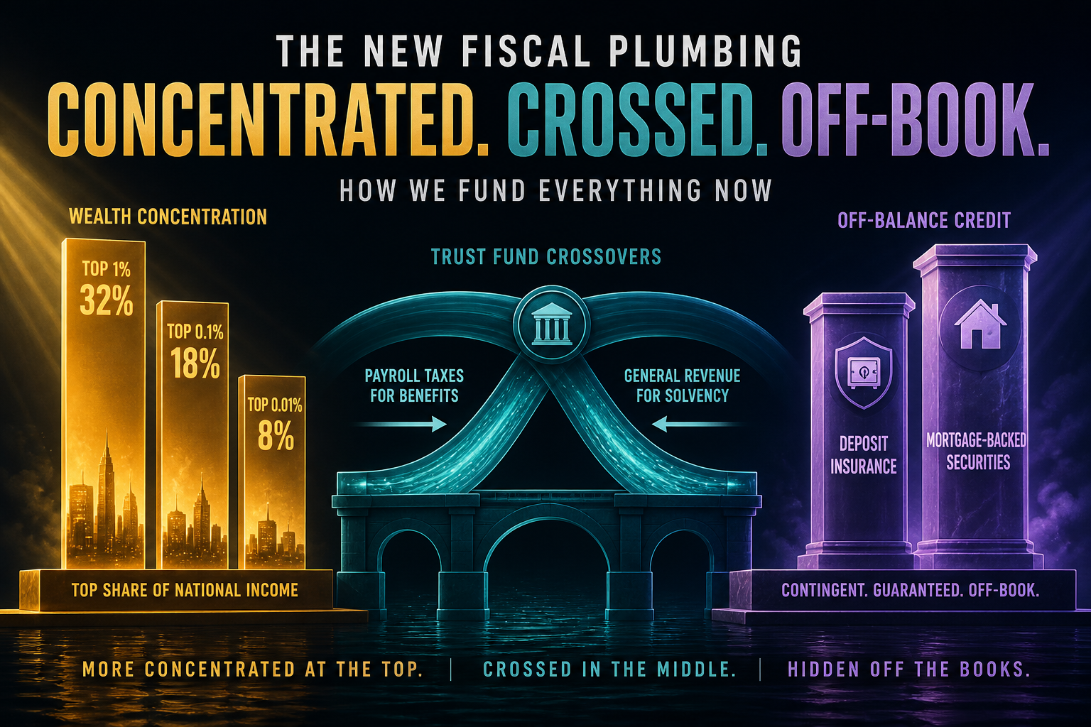 Dark navy cinematic fiscal-plumbing data viz with amber Top-1/Top-3 concentration bars, teal trust-fund crossover arcs, and violet off-balance credit pillars