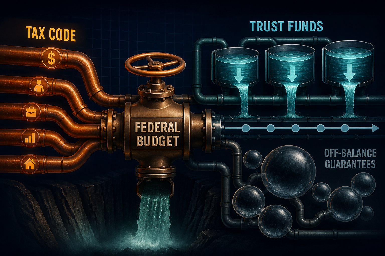 Dark navy cinematic visualization of fiscal plumbing pipes feeding tax-code channels, trust-fund reservoirs, and off-balance credit valves