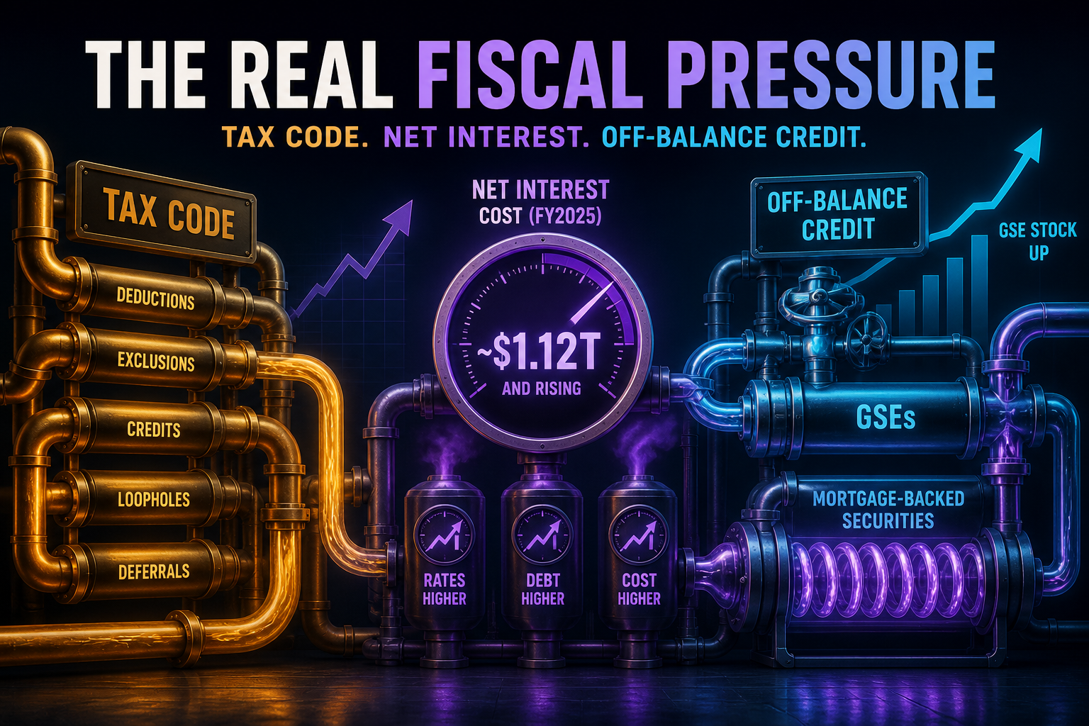 Dark navy cinematic fiscal plumbing diagram with amber tax-code pipes, violet net-interest gauges rising toward $1.12T, and off-balance housing-credit valves