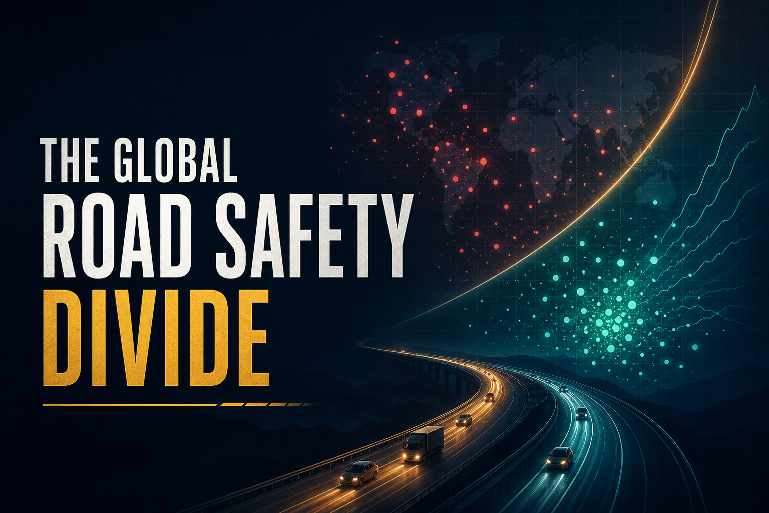 Dark navy cinematic scatter of country road-fatality risk versus vehicle density with highway ribbons, Visual Capitalist-style data editorial