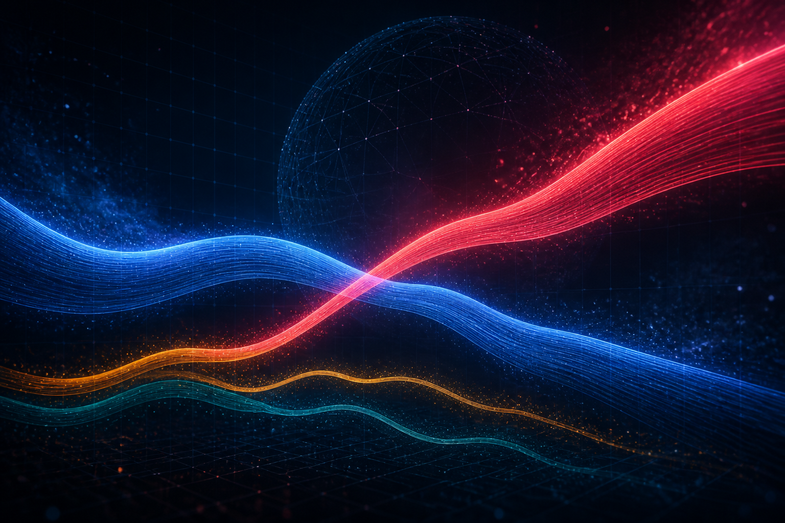 Dark navy abstract ribbons of global R&D funding with a rising crimson stream overtaking a sky-blue stream