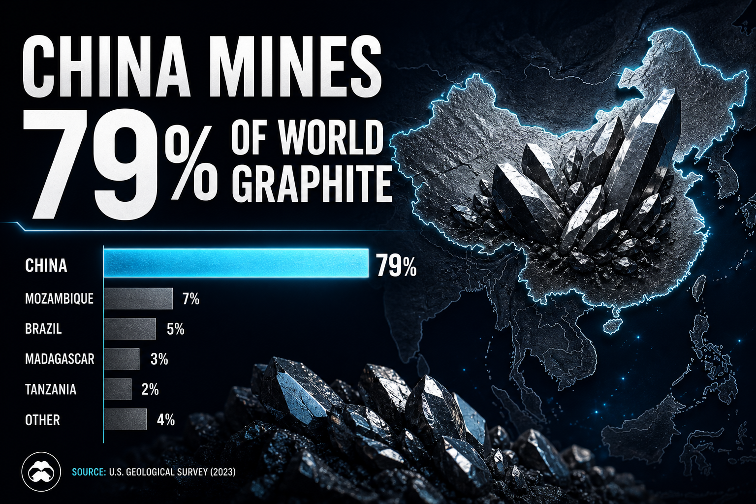 Dark navy data visualization of global natural graphite mine concentration
