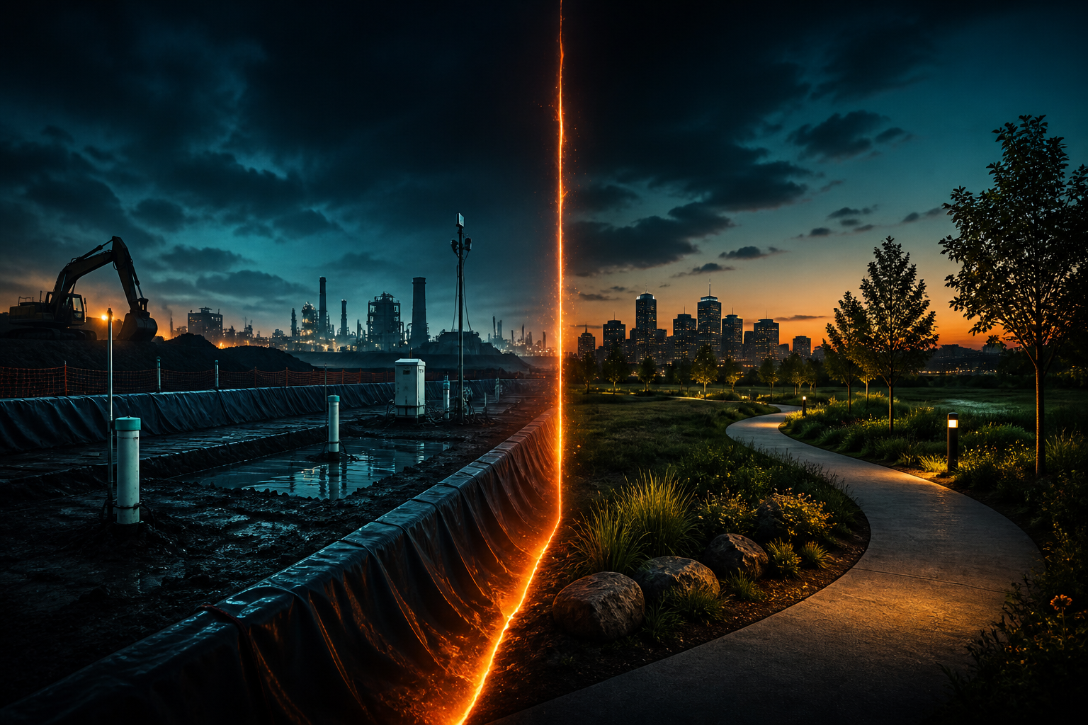 Dark navy cinematic split between a finished remediated landscape and an active containment site, teal and amber accents for construction-complete versus remaining construction