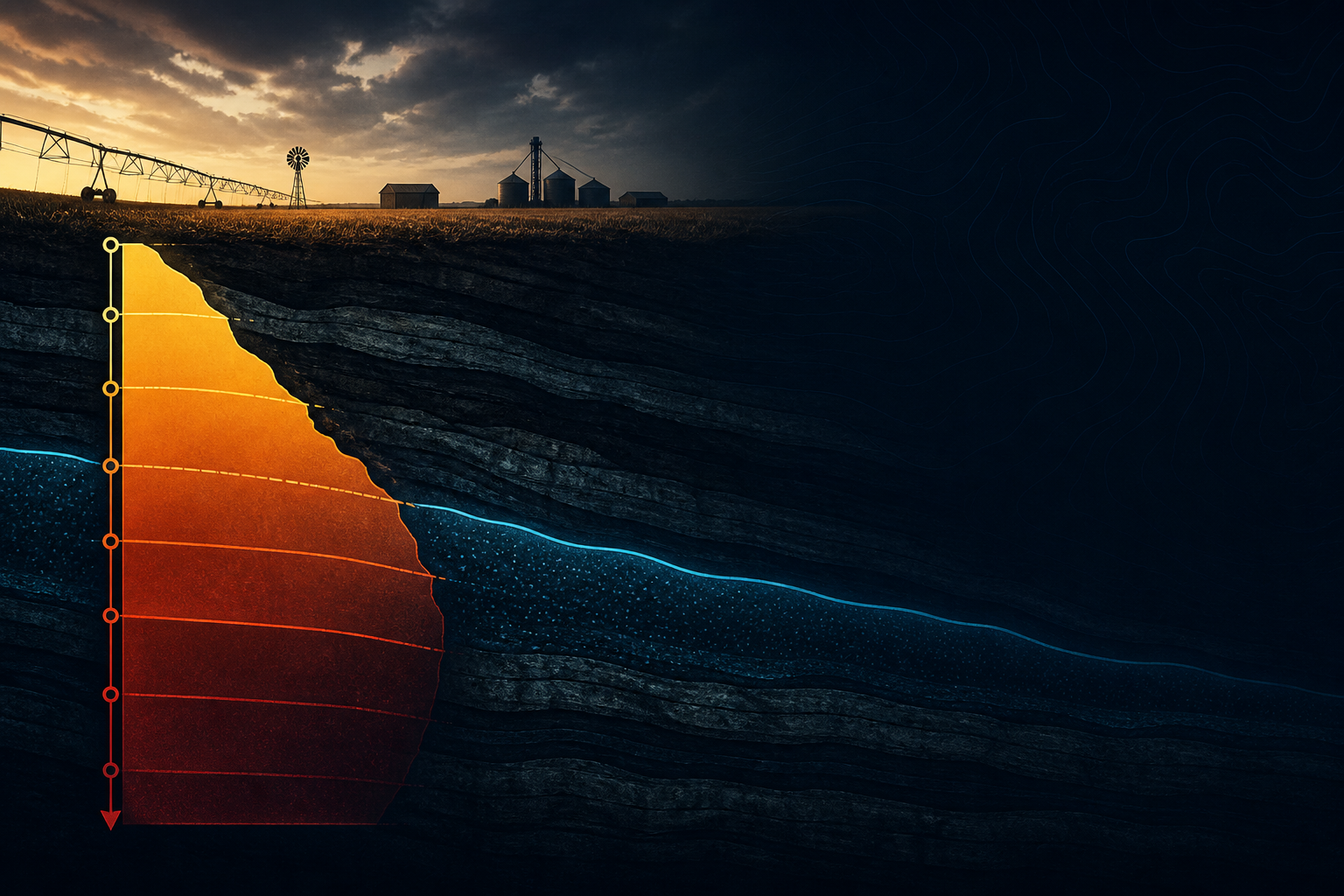 Dark navy data-journalism hero of High Plains aquifer cross-section with amber-crimson shrinking saturated-thickness wedge and cyan water table