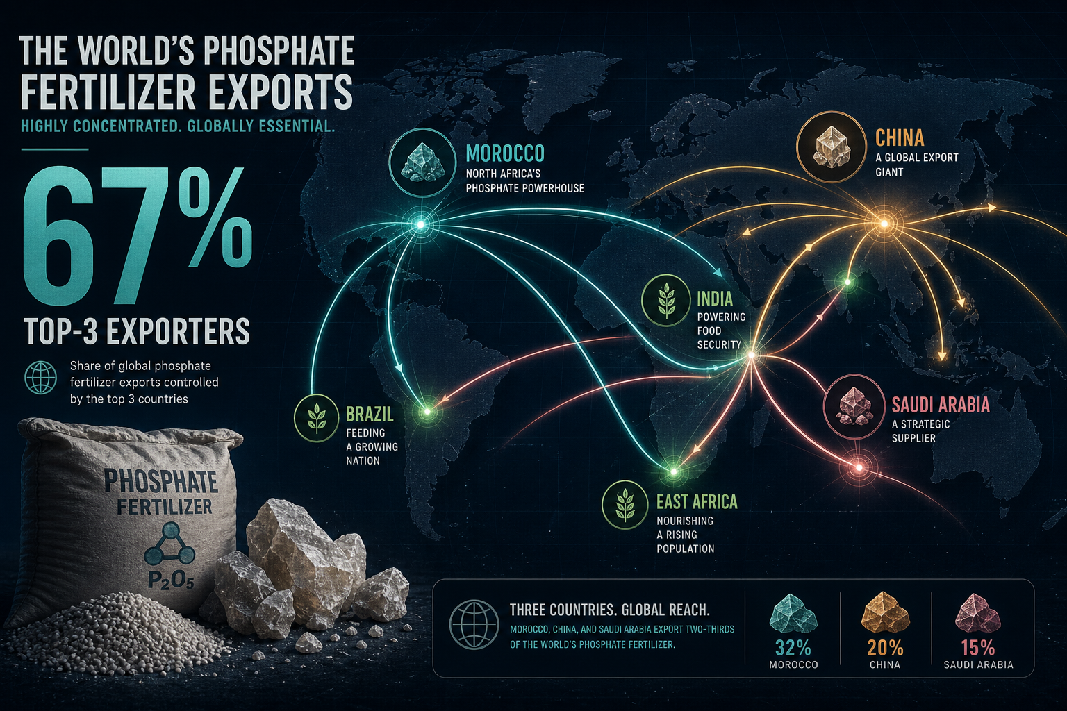 Dark navy data-viz hero of phosphate fertilizer export routes dominated by Morocco, China, and Saudi Arabia with a 67% top-3 callout