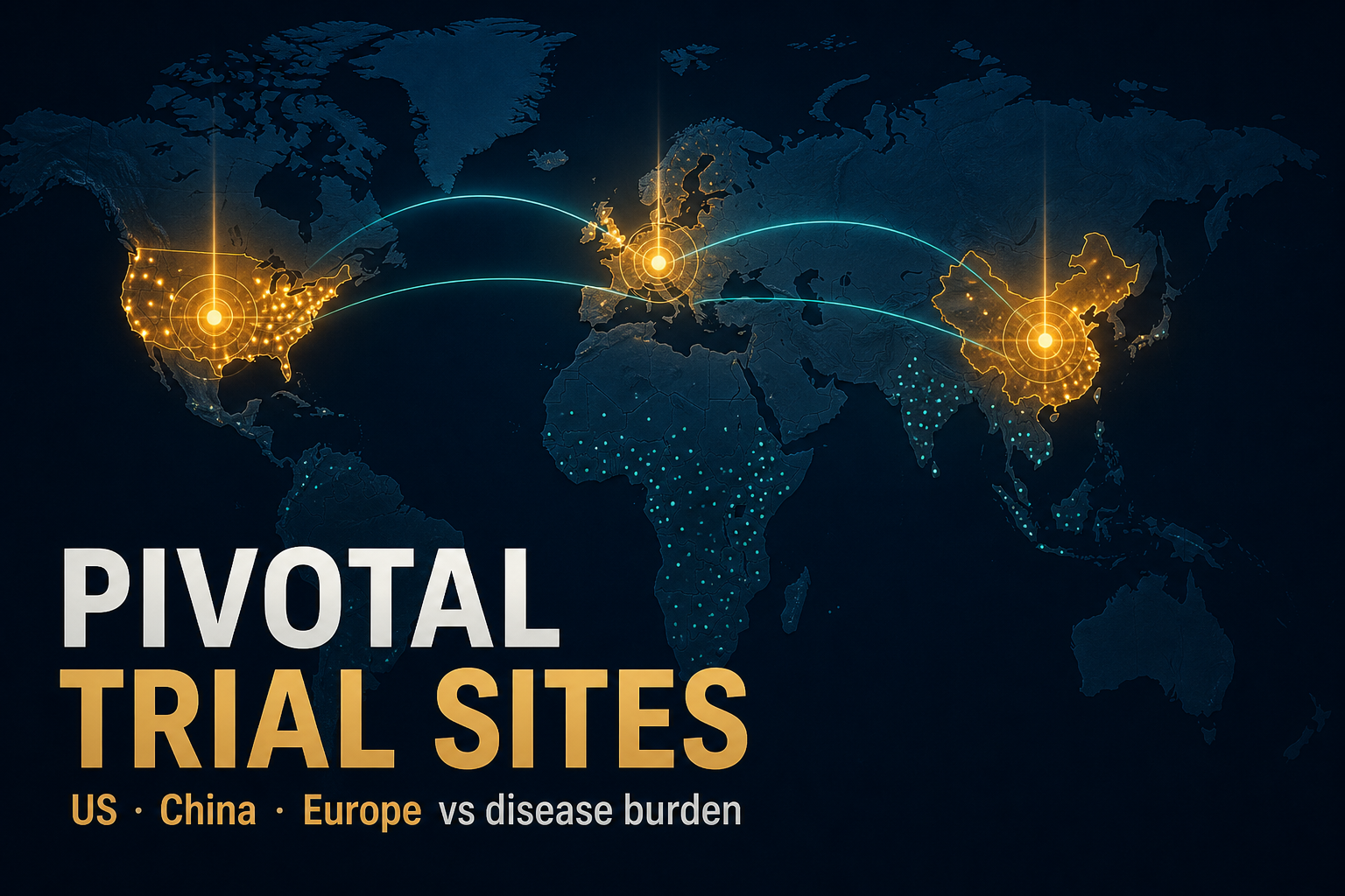 Dark navy cinematic world map with amber trial-site clusters over the US, China, and Western Europe against sparse African and South Asian dots