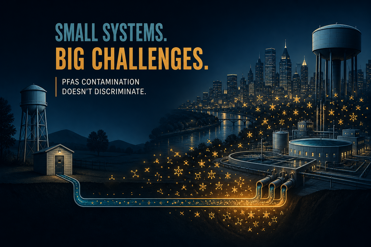Dark navy cinematic split scene: small rural water tower versus large utility plant on an industrial river, amber PFAS particle trails denser toward the large plant, Visual Capitalist-style editorial