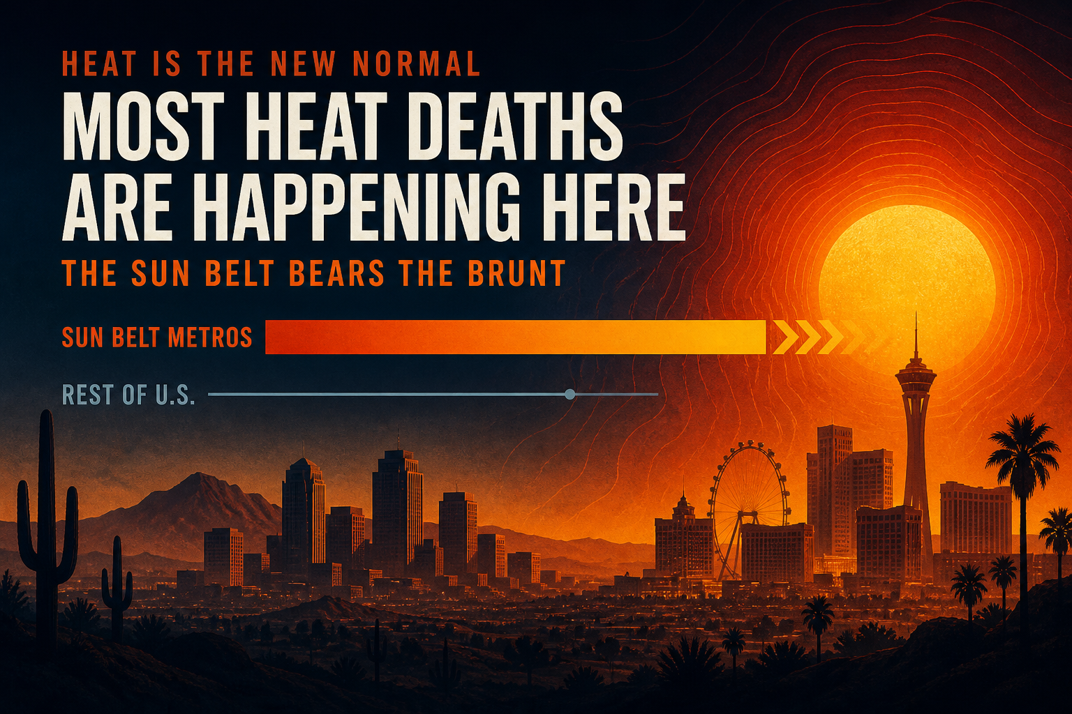 Dark navy cinematic Sun Belt skyline under a searing sun with orange heat-wave contours suggesting metro concentration of heat deaths