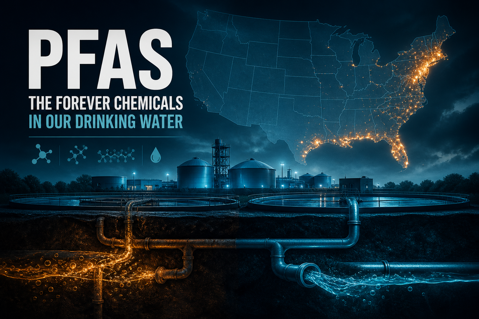 Dark navy cinematic water-treatment and pipe network with amber PFAS contamination points versus cyan clean flow, faint U.S. hotspot map overlay, Visual Capitalist-style editorial