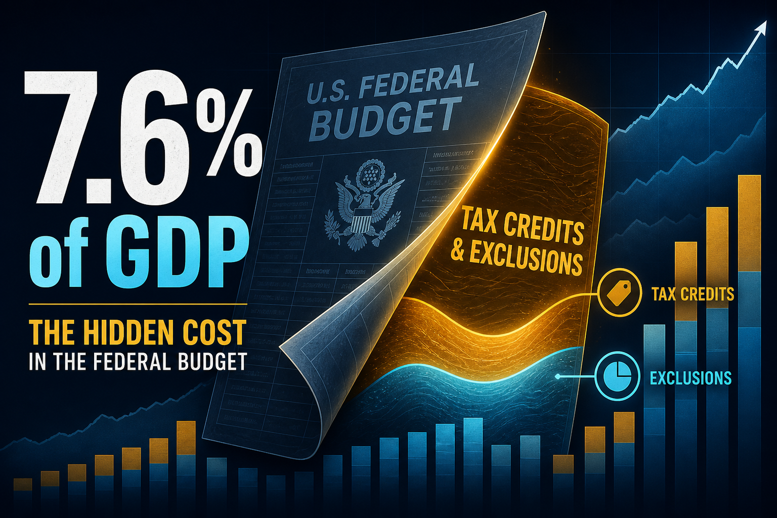 Dark navy data visualization of US tax expenditures as hidden budget spending with 7.6% of GDP callout