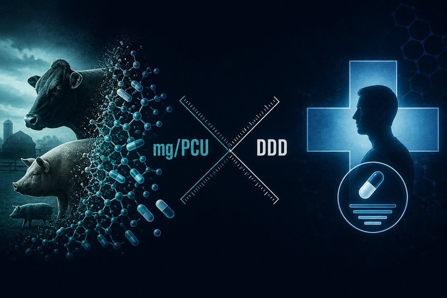 Dark navy cinematic illustration of livestock silhouettes and antibiotic capsules facing a human medical dose icon across conflicting measurement scales