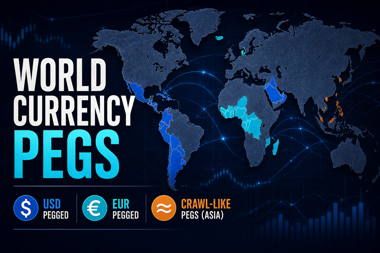 Dark navy cinematic world map with countries colored by anchor currency — blue USD pegs across the Gulf and Caribbean, cyan EUR pegs in the CFA franc zone
