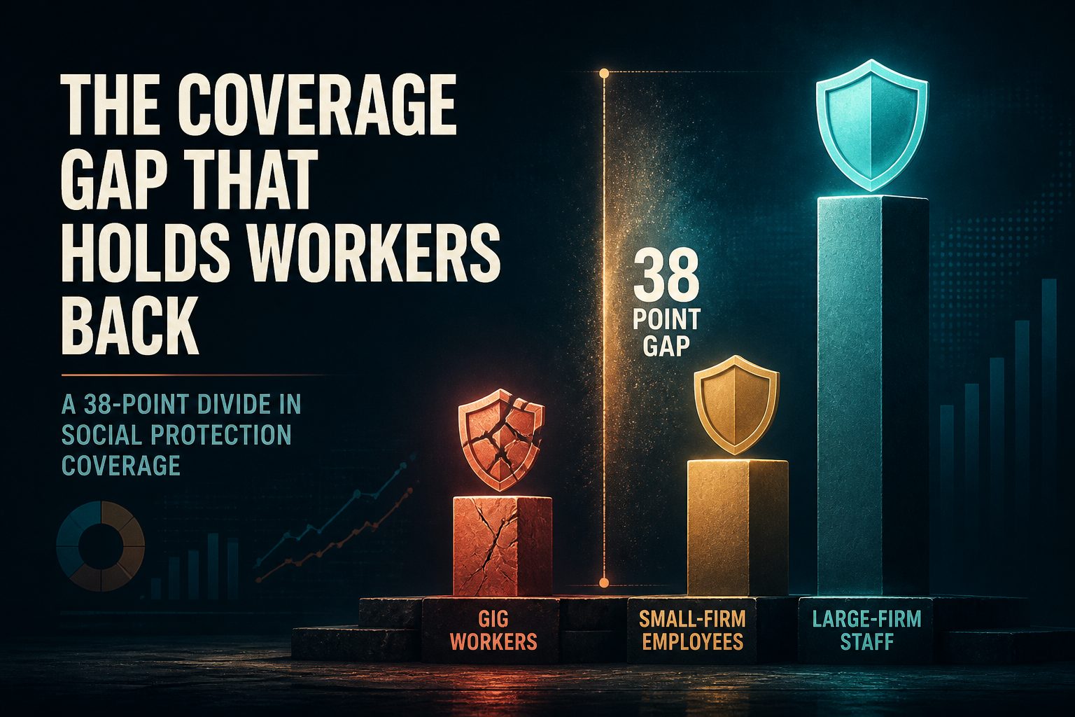 Dark navy cinematic illustration of three unequal coverage pillars for gig, small-firm, and large-firm workers with a glowing offer-rate gap
