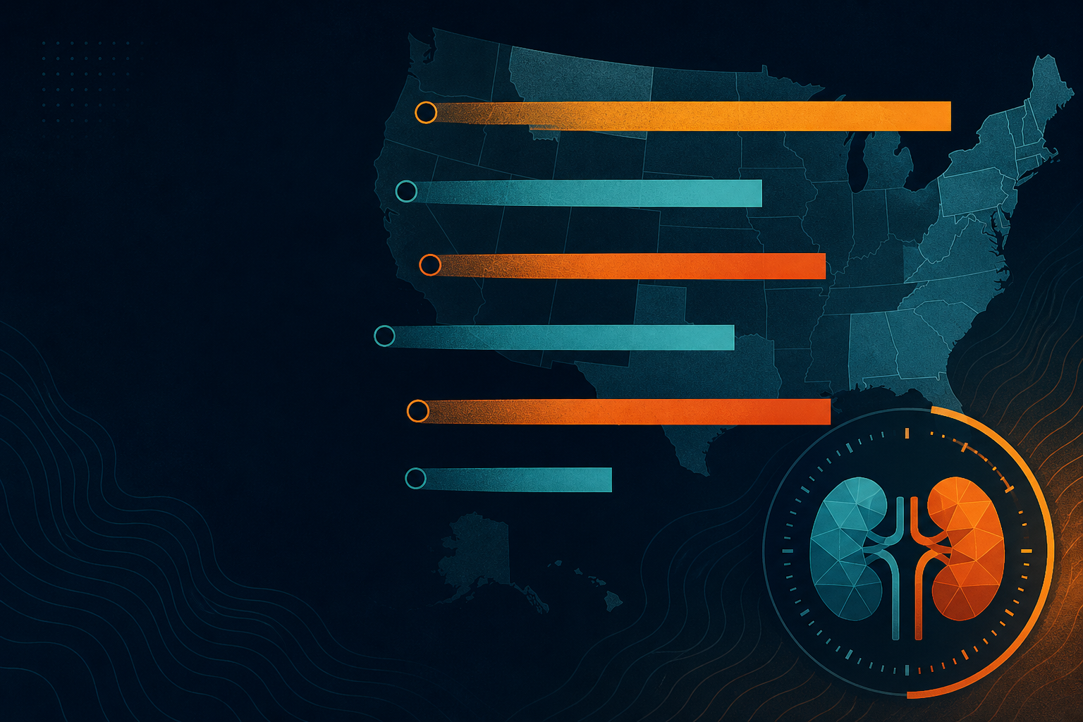 Dark navy editorial map of unequal kidney wait-time bars across US donation regions with teal and amber data accents