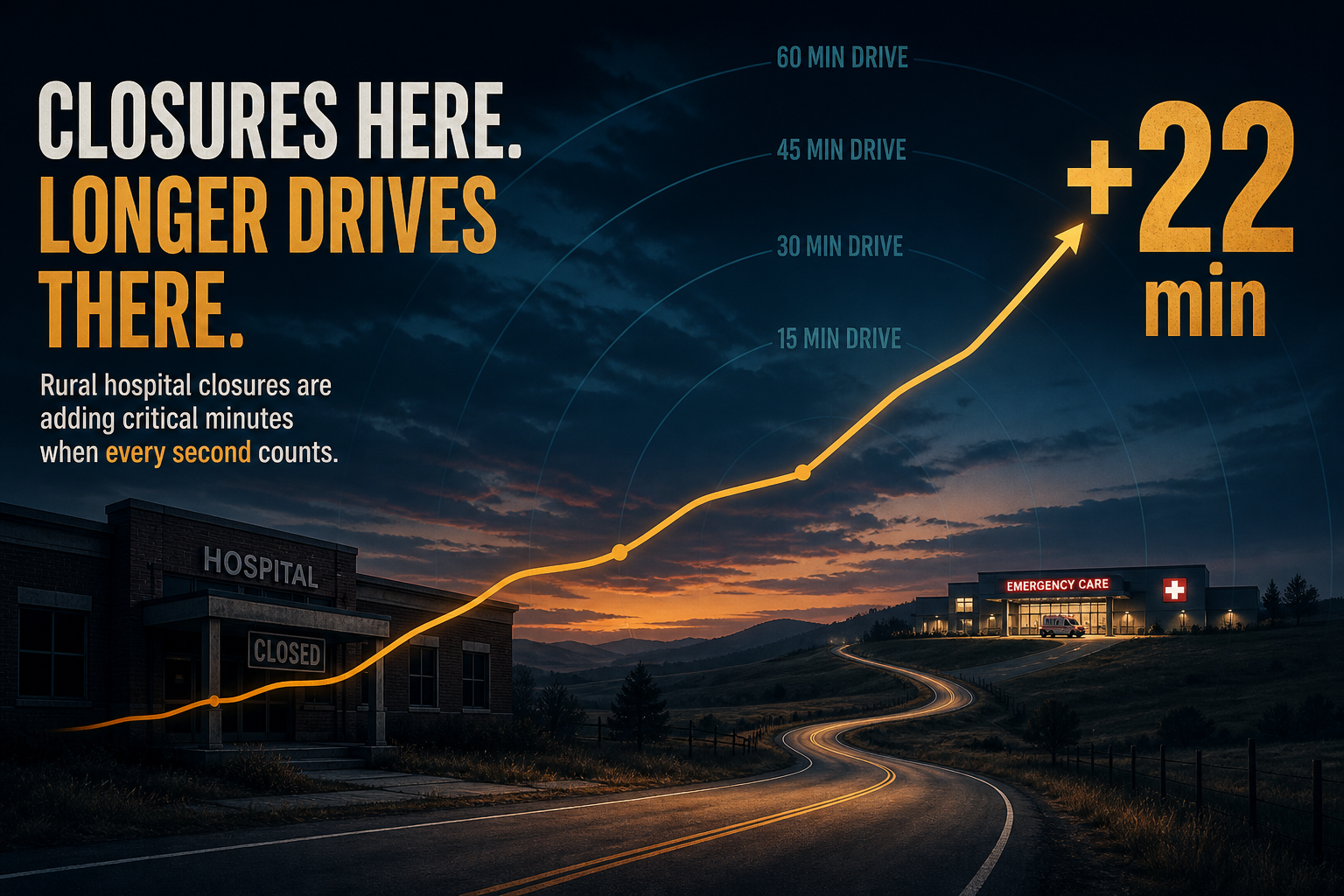 Dark navy cinematic illustration of a closed rural hospital, a long road to a distant emergency department, and a bold +22 min drive-time callout
