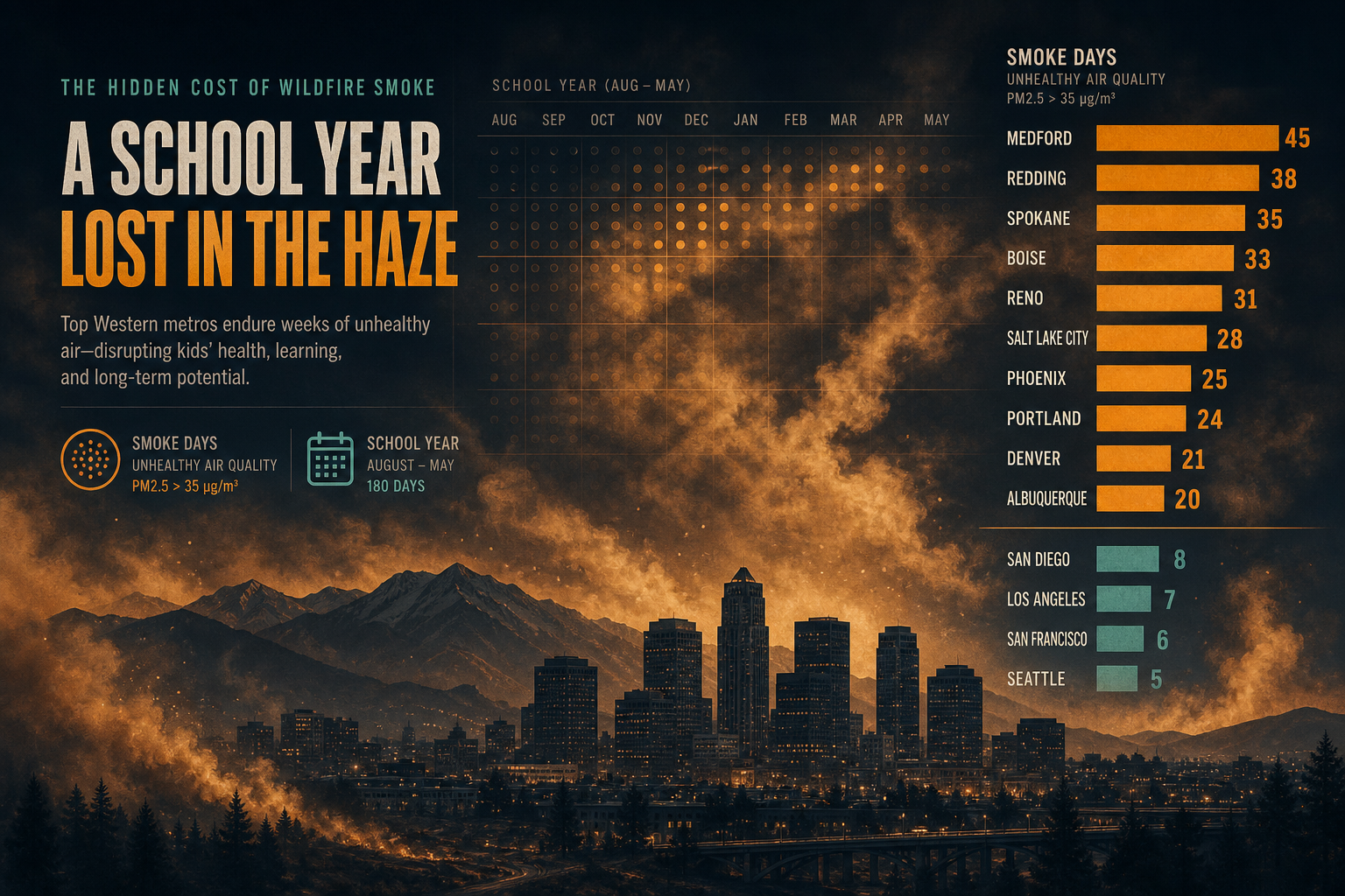 Dark navy cinematic Western metro skyline under amber wildfire smoke haze with geometric school-year smoke-day ranking bars, Visual Capitalist-style health-economics editorial