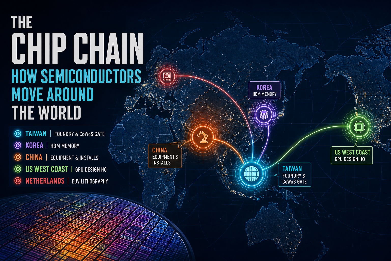 Dark navy cinematic East Asia semiconductor map with cyan Taiwan foundry/CoWoS gate, purple Korea HBM node, amber China equipment-install weight, green US GPU design HQ, and crimson Netherlands EUV accent linked by network arcs