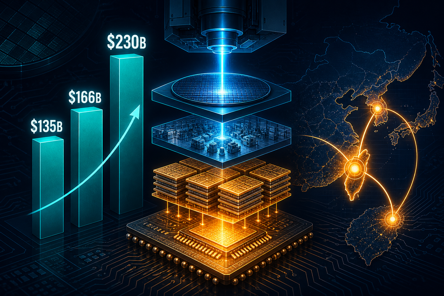 Dark navy data-viz hero of a layered semiconductor stack with amber packaging bottleneck glow and rising equipment-spend bars