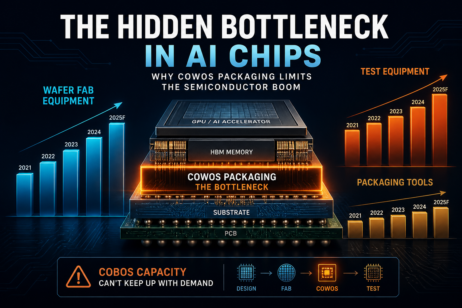 Dark navy cinematic chip-stack hero with amber CoWoS bottleneck glow, cyan WFE bars, and orange test bars rising above muted gold packaging-tool bars