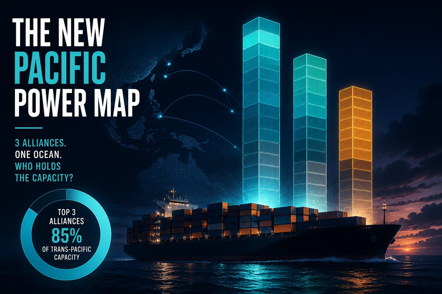 Dark navy cinematic maritime data-viz with teal and amber alliance capacity bars rising beside a container-ship silhouette on a Pacific horizon