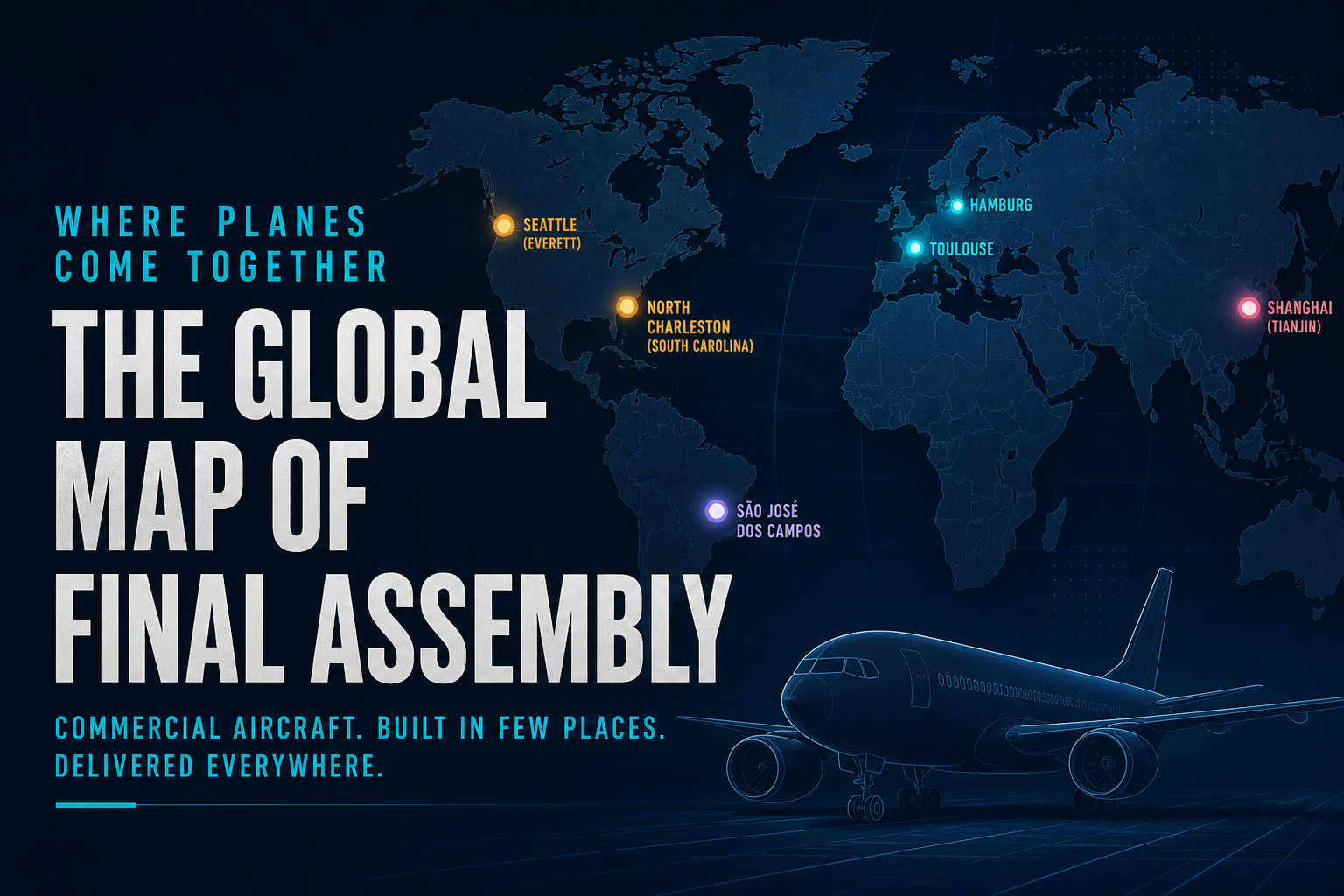 Dark navy cinematic map of Airbus and Boeing commercial aircraft final-assembly sites worldwide