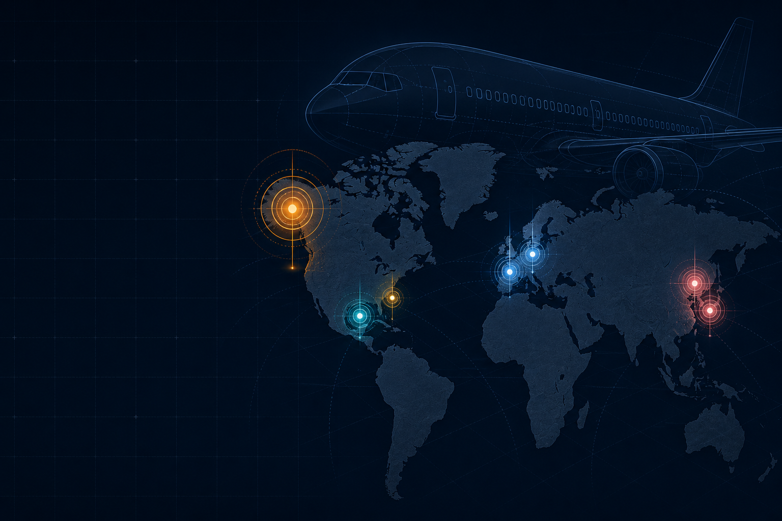 Dark navy world map with glowing commercial-aircraft final-assembly site bubbles — Renton dominant in amber, European Airbus hubs in sky blue, China and Mobile marked
