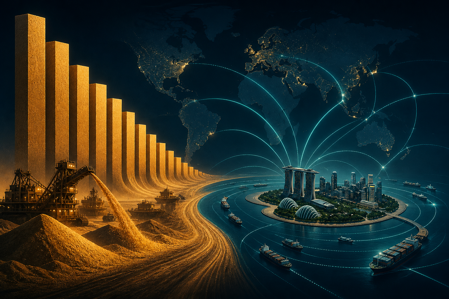 Dark navy cinematic data-viz of amber sand volumes and teal shipping corridors flowing toward a glowing city-state island with reclaimed land rings