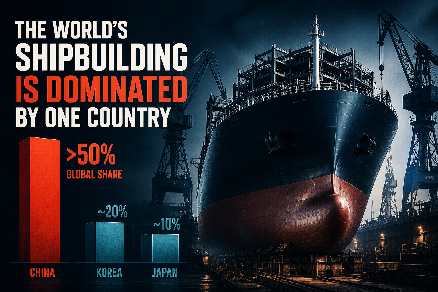 Dark navy shipyard scene with a cargo hull under construction and a dominant red concentration bar exceeding half of global GT deliveries